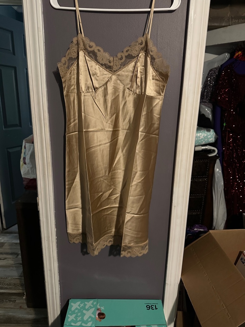 Trina Turk Champagne Satin Lace-Trim Chemise